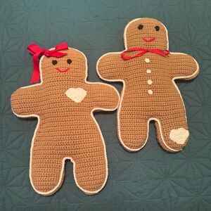 Vintage Christmas Holiday Crocheted Gingerbread Man Decor with Red Accents